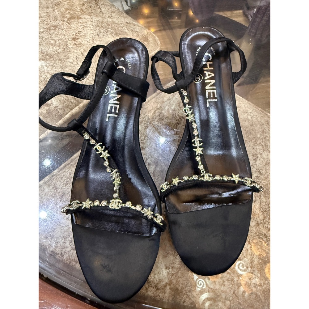 Chanel Black Satin Crystal CC Star T-Strap Block Heel Sandals Made in Italy 37